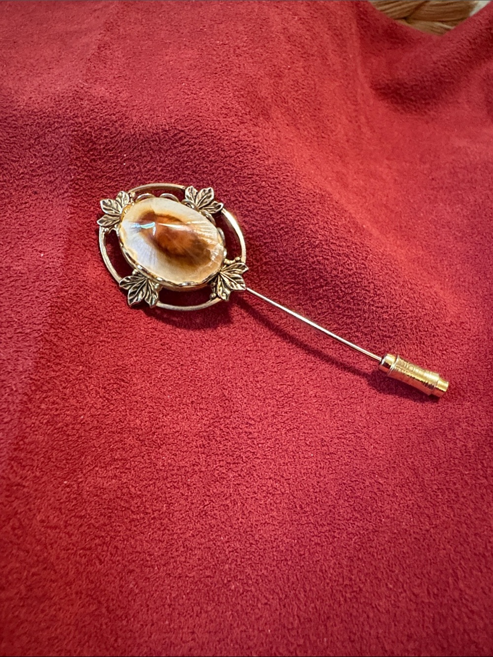 Gold-Tone Leaf Stick Pin with Brown Cabochon